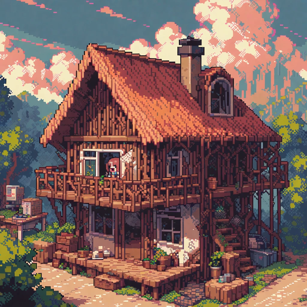 (masterpiece, best quality:1.2), pixel art, house, office, wood, depression