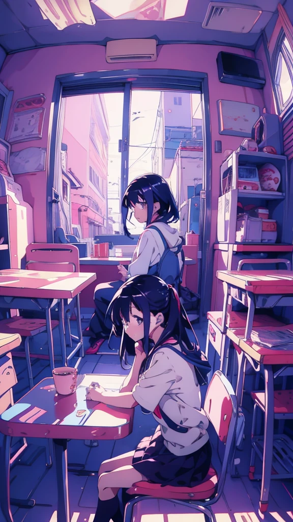 anime girl sitting at a table with a cup of coffee, anime vibes, lofi girl, anime aesthetic, anime style illustration, anime art style, lofi portrait, anime style 4 k, lofi girl aesthetic, digital anime illustration, beautiful anime art style, beautiful anime portrait, retro anime girl, anime style portrait, ilya kuvshinov style, anime style art