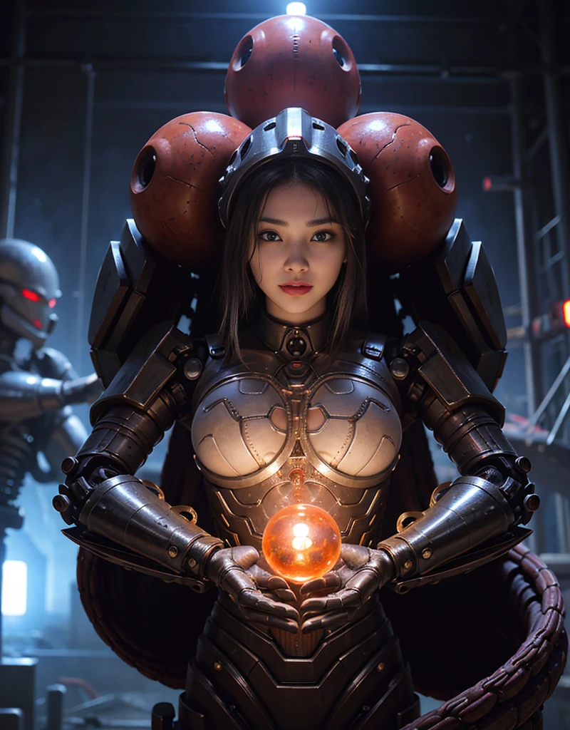 (Background of skimpy mechanical girl and octopus alien)、（Mystical expression）、highest quality、masterpiece、Super high resolution、(Photoreal:1.4)、RAW photo、1 girl、glowing skin、(((1 Mechanical Girl)))、Heavy chest、（red metalボディスーツ）、(Natural alien background to fight aliens)、(Small LED)、((Super realistic details))、vertical giant monster background),global illumination、Shadow、octane rendering、8k、super sharp、Robot background、big breasts、Raw skin exposed in the cleavage、red metal、intricate decorative details、Japan details、very intricate details、realistic light、(Mystical expression),CG Society Trenlow Eyes、Eyes shining towards the camera、Mechanical marginal blood vessels connected to neon detail tubes)、(Wires and cables connecting to the head)、Small LED、,mechanical thighs、two stock、（Hands are also made of machines）、roboT、future alien、Please wear a mechanical helmet、transparent face guard on helmet、