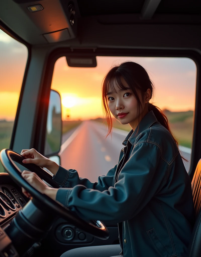 photo-realistic, ultra-realistic, very beautiful Japanese truck driver, famous Japanese idol, 25 years old, working wears, driving Scania large truck, Peeking out from the driver's seat, dramatic scene, masterpiece, (face focus:1.3), beautiful eyes,