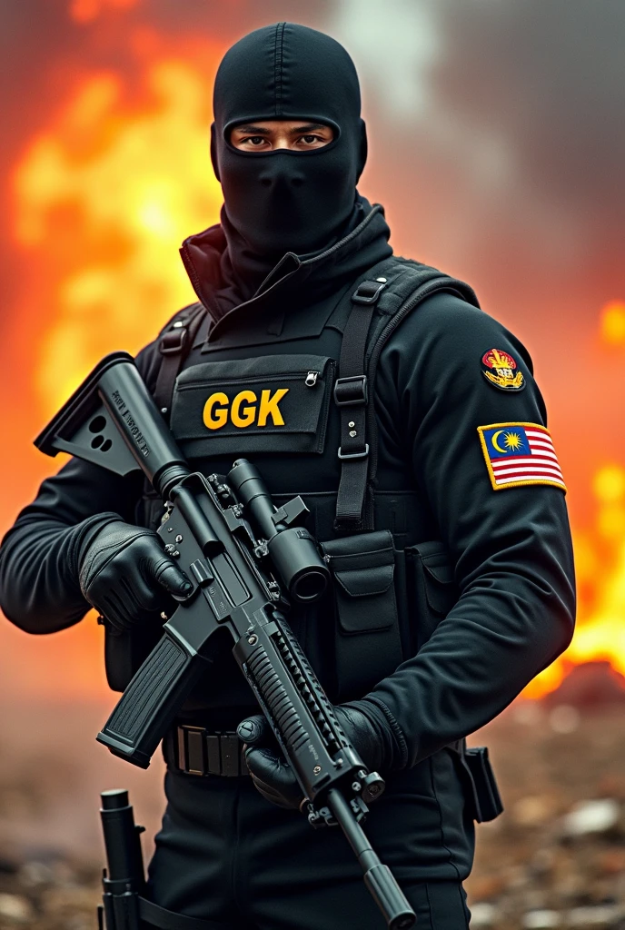 Army special forces in fully black uniform and masked face with glasses. Holding a rifle with fire and bombing behind him. Patch Malaysia flag on his arm and GGK infront of his uniform. Write GGK Infront of the vest and make the picture animated.
Keep this one but put the GGK Infront and remove the Serenade.
Change the face make it more fierce especially his eyes but keep the masked