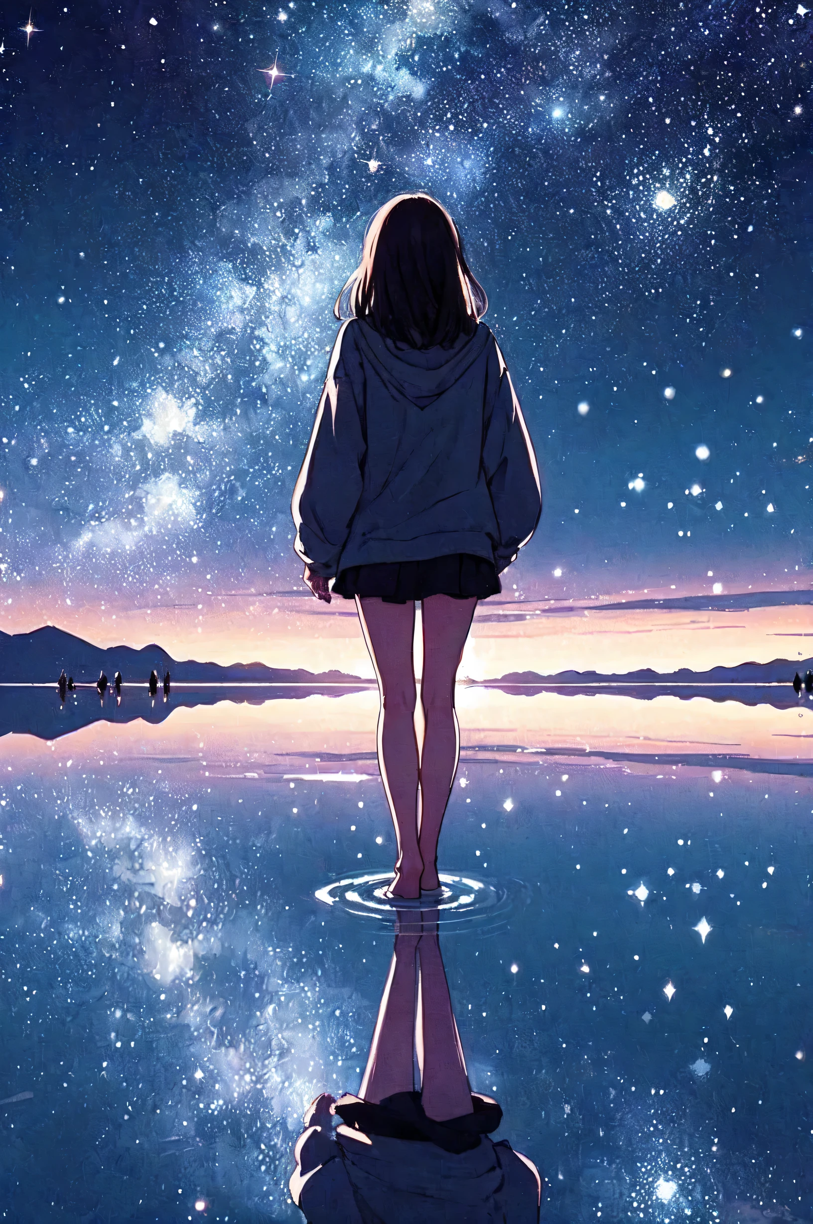 1lady solo, (from behind) (back of head), (calm outfit), (mature female:0.8), /(black hair/), (masterpiece best quality:1.2) delicate illustration ultra-detailed BREAK (Uyuni Salt Flat) outdoors, (starry sky) midnight, lake, (water surface reflecting countless stars), water ripples, soft lighting, detailed background