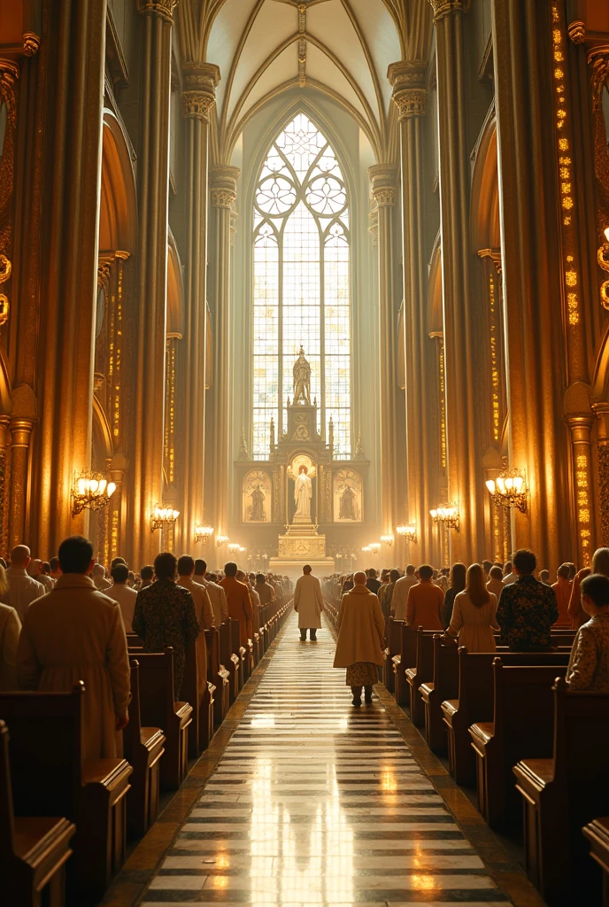 Inside a Catholic cathedral built based on futuristic technology and circuits with a Steampunk style, in a hypothetical year 3000, where white-bearded priests wear futuristic clothes and there are people praying around