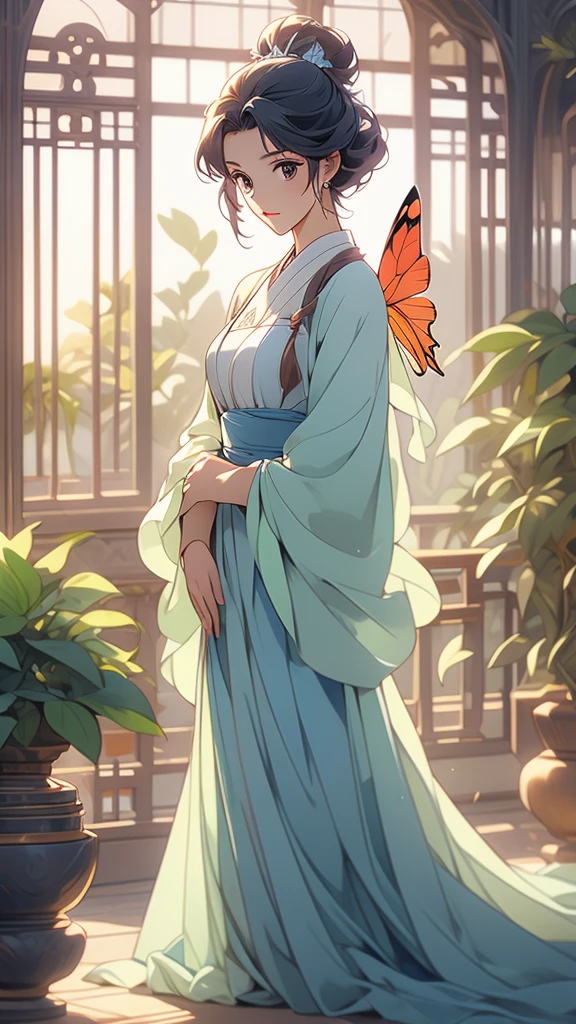 1 Solo Woman, Overview, (Gorgeous and Elegant Dress), Mature Female, /(Beige Hair/) Bangs, (Slight Smile: 0.8), (Masterpiece of Best Quality: 1.2) Fine Illustration with Super Detail, Breasts BREAK (Red Butterfly), (Realistic Blue Butterfly: 1.1), (Glowing Wings: 1.1) BREAK (Elegant Greenhouse) Indoor, Plants, (Soft Lighting) Afternoon, Detailed Background,