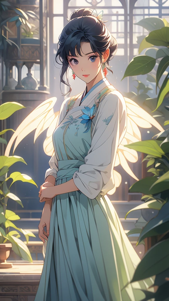 1 Solo Woman, Overview, (Gorgeous and Elegant Dress), Mature Female, /(Beige Hair/) Bangs, (Slight Smile: 0.8), (Masterpiece of Best Quality: 1.2) Fine Illustration with Super Detail, Breasts BREAK (Red Butterfly), (Realistic Blue Butterfly: 1.1), (Glowing Wings: 1.1) BREAK (Elegant Greenhouse) Indoor, Plants, (Soft Lighting) Afternoon, Detailed Background,