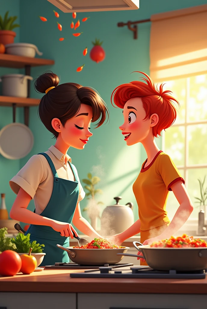 short brunette women with shorts hair with her eyes close cooking for a redhead with shorts hair and Brown eyes skinny women in rotoscope
animation
