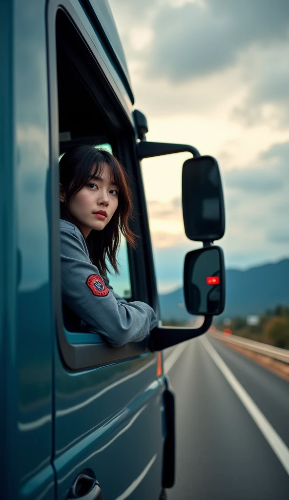 photo-realistic, ultra-realistic, very beautiful Japanese truck driver, famous Japanese idol, 25 years old, working wears, driving Scania large truck, Peeking out from the driver's seat, dramatic scene, masterpiece, (face focus:1.3), beautiful eyes,