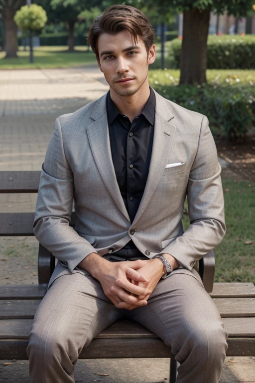 generate an image of a man (whole body) sitting in a bench at a park, he is wearing a formal dress (textured skin) (realistic photo) (ultrarealistic photo)