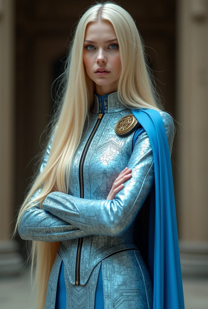 full body, full shot, a queen arms folded. The tension is intense, the queen is a woman 30 years old, very long straight hair, very blond hair, slim, blue eyes, wearing a cream and blue color futurist long royal dress with a printed circuit board cape, intense gazing eyes, as a conceptual AI, ultra-resolution, intricately detailed, low angle, 8k by Helmut Newton