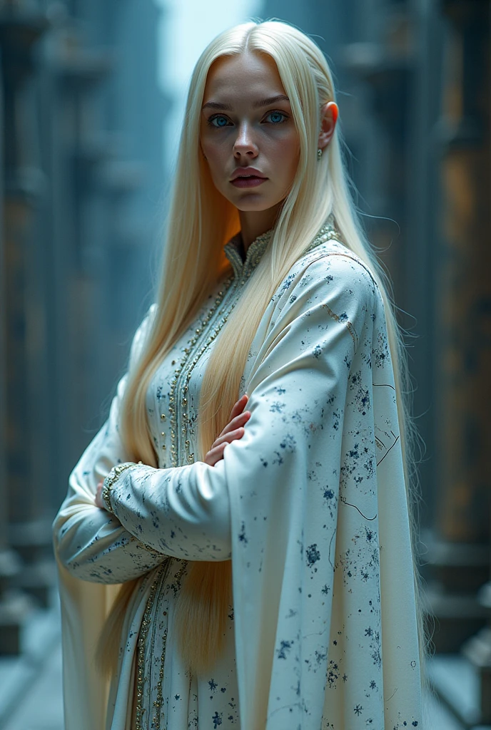 full body, full shot, a queen arms folded. The tension is intense, the queen is a woman 30 years old, very long straight hair, very blond hair, slim, blue eyes, wearing a cream and blue color futurist long royal dress with a printed circuit board cape, intense gazing eyes, as a conceptual AI, ultra-resolution, intricately detailed, low angle, 8k by Helmut Newton