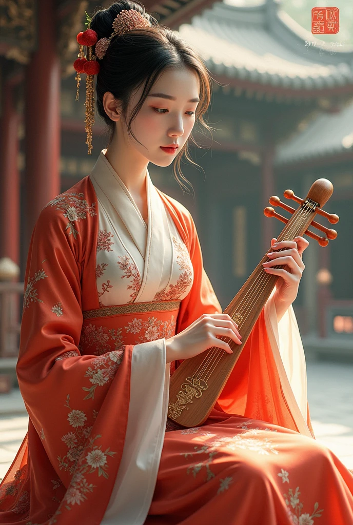 A beautiful and lovely Chinese girl wearing ancient costume,sitting in the palace,Hands playing the guqin。She has delicate features,Exquisite makeup,Traditional dress with floral patterns。Background incorporates classical architectural elements,Create the atmosphere。This illustration style showcases intricate details and vibrant colors.。 --ar 3:4