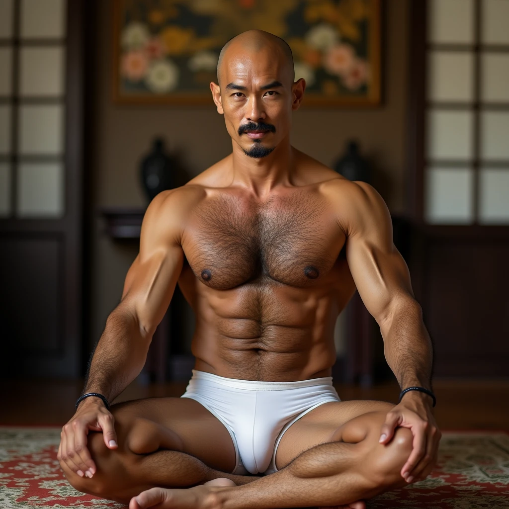 40 years old，Hidetoshi Nakata，（Kogoro Mori 1.3），Oriental face，whole body，Lean，muscle，Sitting，Legs open，White socks，Baldhead ，transparent，Thick body hair，White lingerie，Topless，Densely hairy，Fortitude，HD，With a mustache