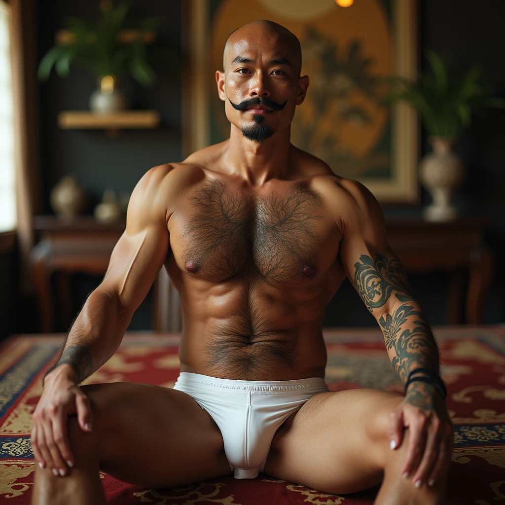 40 years old，Hidetoshi Nakata，（Kogoro Mori 1.3），Oriental face，whole body，Lean，muscle，Sitting，Legs open，White socks，Baldhead ，transparent，Thick body hair，White lingerie，Topless，Densely hairy，Fortitude，HD，With a mustache