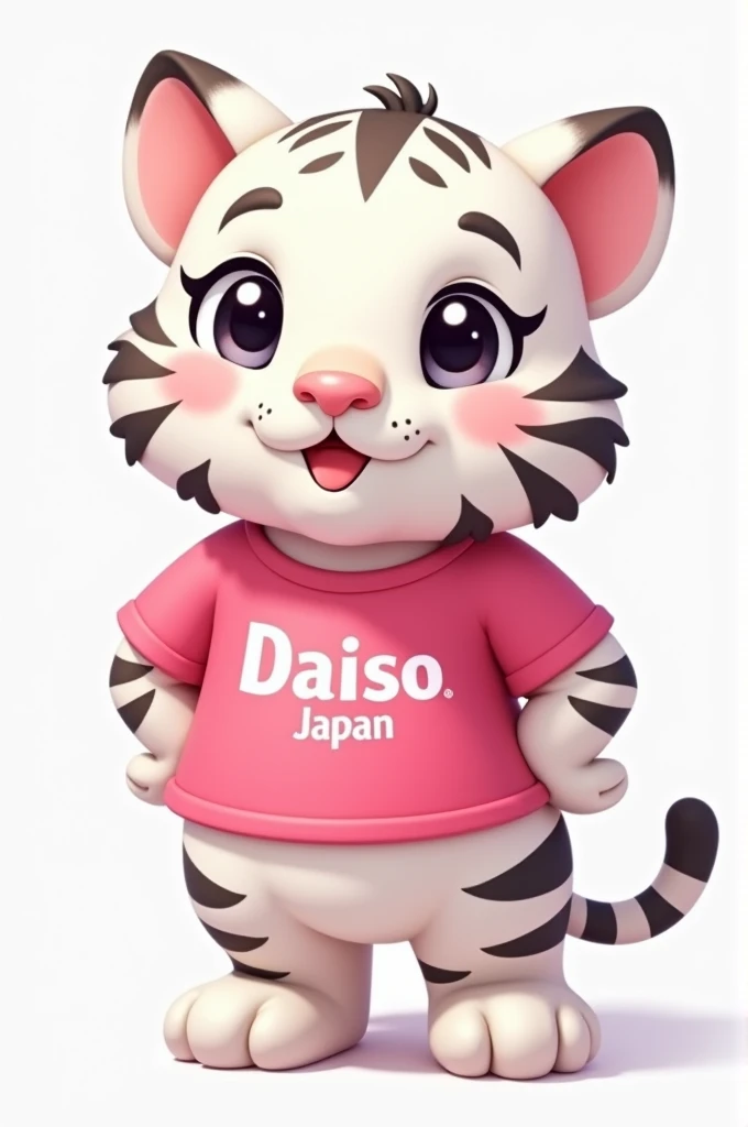 Aqui está o prompt atualizado com as especificações para o logotipo na camisa:

```
{
  "prompt": "Create a 2D illustration of a cute and charismatic white tiger mascot for a store named 'Daiso'. The tiger should have large, expressive eyes and a friendly, approachable expression. It should be primarily white with subtle gray stripes and hints of soft pink in the ears and nose, adding a touch of warmth to the design. The tiger should be wearing a pink shirt with the hex color code #9e0d5c. The shirt should feature the 'Daiso' logo prominently displayed, with 'Daiso' in larger, bold letters centrally positioned, and 'Japan' in a smaller font justified to the left underneath the word 'Daiso'. The design should be cartoonish with rounded features, vibrant colors, and a playful style that appeals to a broad audience, especially families and children. The background should be clean and simple, ensuring the focus remains on the tiger mascot, which should convey a sense of strength, elegance, and approachability."
}
```