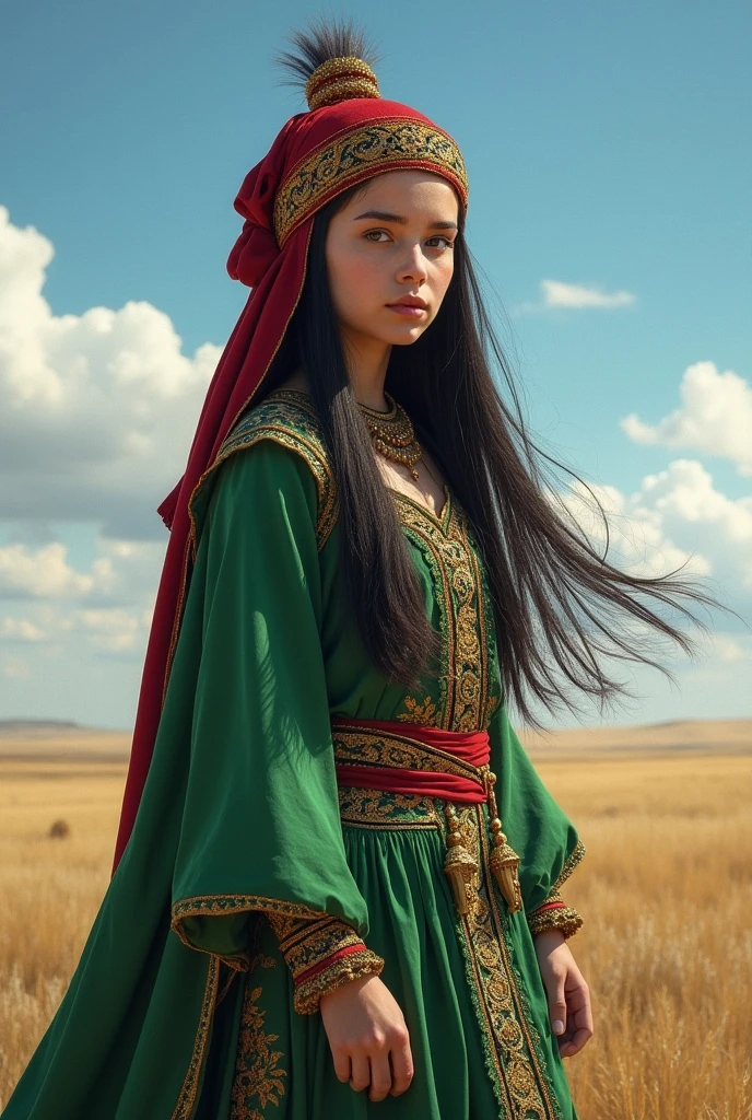A girl warrior of the Turkic time, Kazakh appearance red headdress trimmed with gold, Full-length, green glash