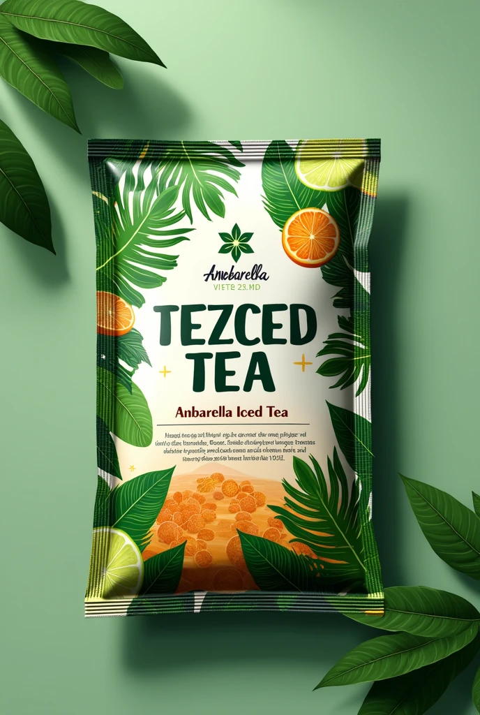 Label for a packet of ambarella iced tea powder with the brand name tezced tea with background with ambarella leaves