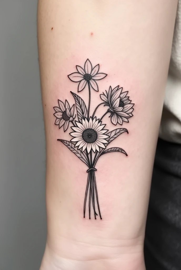 A minimalist black and white tattoo of a bouquet of flowers combining the birth flowers of March, May, August and October. 