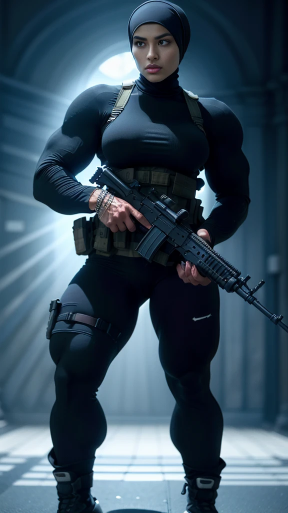 Photorealistic, high resolution, 1 malay woman in hijab, Solo, Hips up, zombie attack background,view the viewer, (Detailed face), White hijab, SWAT vests, sniper rifle handle, Black military uniform, bulletproof vest, Holding an assault rifle, M16, Inside the city, Very detailed, Perfect face, Black eye, jewelry