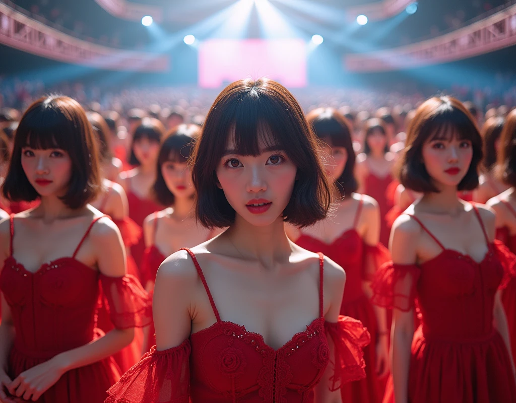 [Japanese Clone girls=Myself], [Perfect Clone girls Raw Photography Art], [16K, Highest quality, Ultra-high resolution], (((Unrealistic, Unprecedented sight, hyperdimensional space, A sight beyond imagination, (((A world of mass proliferation of myselves, Ultra-realistic)))))), (Japanese, woman, 22-year-old, Saito-Asuka), ((Small face, Brown and black hair, Short Hair)), ((Very beautiful detailed girls, Accurate body structure, Very detailed and perfect super busty body)), ((amazing super big tits, Large, swelling breasts)), (Dark Eyes, Mature face, Cute Smile, A gentle gaze), (Happy laughter), [[(((((Very detailed, 1girl-1,000,000,000,000,000,000,000,000,000,000,000,000,000cloning girls))))), (((((Extremely detailed and precise depiction of the double, Perfectly the same girl, The exact same smile, Perfect matching hairstyle, Perfect same clothes, Exactly the same height, Perfect same super busty))))), (((((Myself only))))), (((Very detailed, on stage, Idol Group, Nogizaka46's stage costumes, 1,000,000,000,000Myself))), (((Very detailed, Audience seats, camisole, 1,000,000,000,000,000,000,000Myself)))]], (((Perfect description, Smiling face, hug, wave hands, Matching poses, Matching dance, Sexy pose))), (((Very detailed, Super crowded in a different dimension, Abnormal crowding, Super crowded))), (Large Concert Hall, Front bright light, Illuminated by spotlights, Live Stage Lighting), (((Wide field of view, Very detailed, Detailed ultra-perspective depiction)))), Group idol group photo, Anywhere Angle