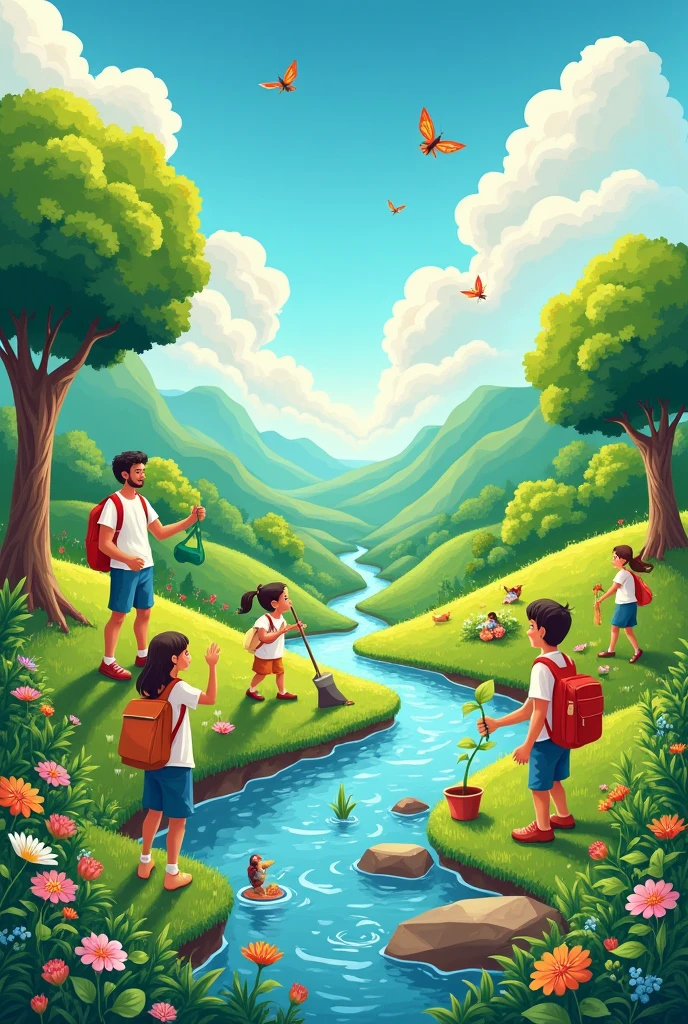 make a poster that illustrating saving the environment (landscape) 