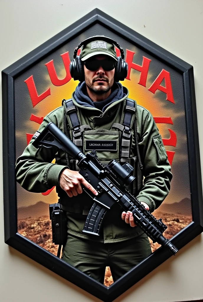 Clichê Patch emborrachado hexagonal, fundo camuflado,brasão militar com o nome Lukinha Airsoft, operador portando um rifle m4 de boné e headfone