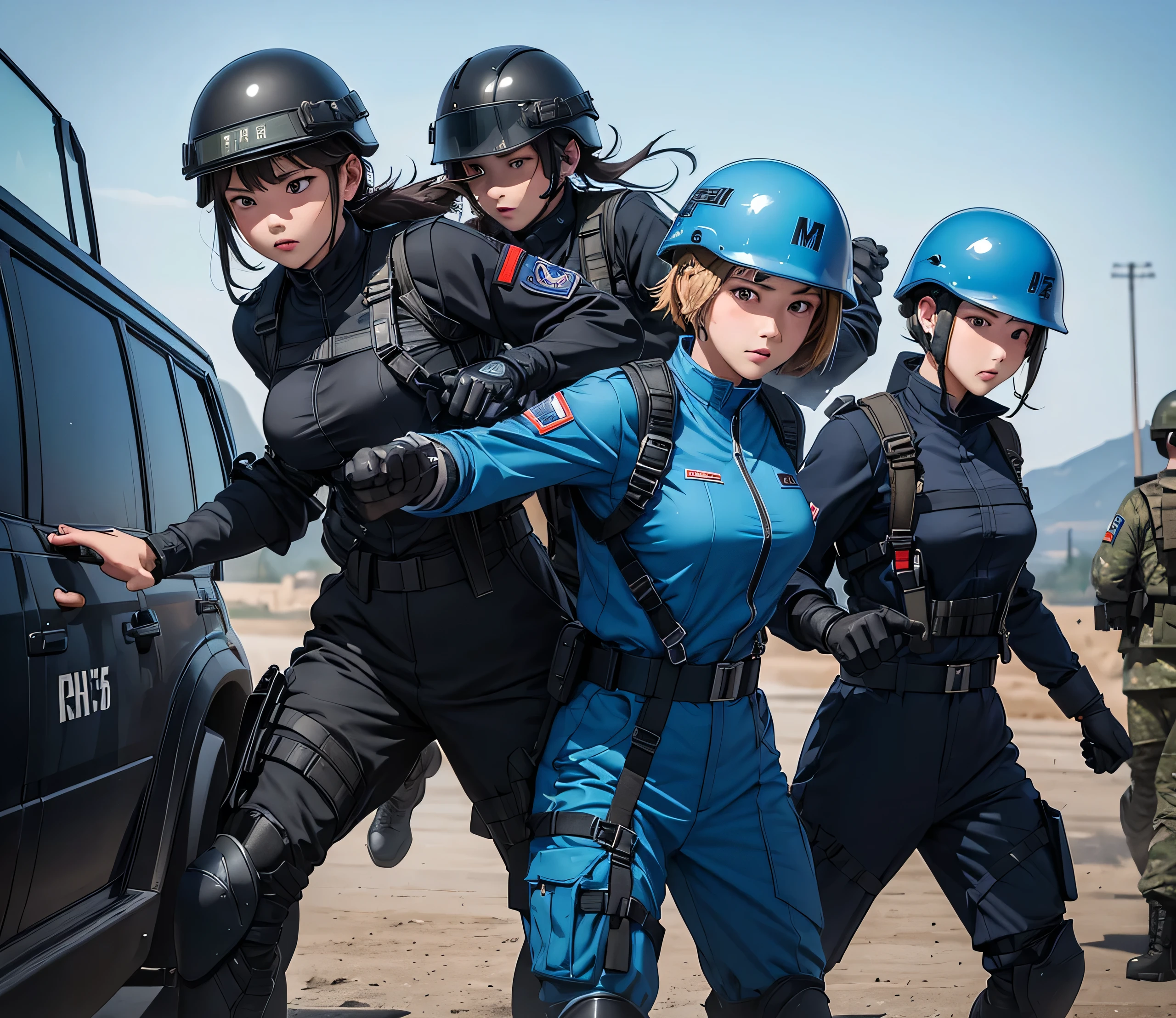 A group of female soldiers wearing blue M-51 military uniforms,Boxing Stance,Unarmed Combat,Wear a steel helmet、Tactical gloves、Magazine Pouch、Tactical harness、Military Pants、Knee pads,Write details、masterpiece、best quality、Highly detailed CG、8K picture quality