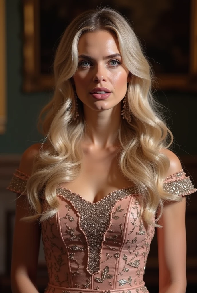 Standing and making a speech at a press conference, a woman 30 years old white woman she has wavy hair, she has long blond hair, blue eyes, slim face and nose, slim, wearing royal dress.