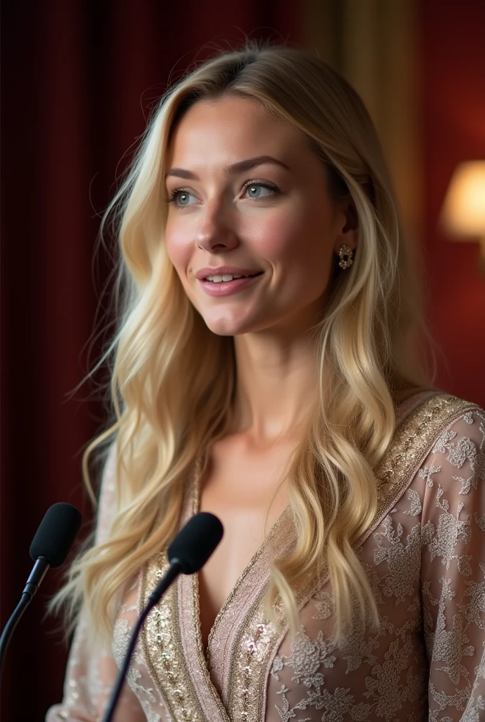 Standing and making a speech at a press conference, a woman 30 years old white woman she has wavy hair, she has long blond hair, blue eyes, slim face and nose, slim, wearing royal dress.