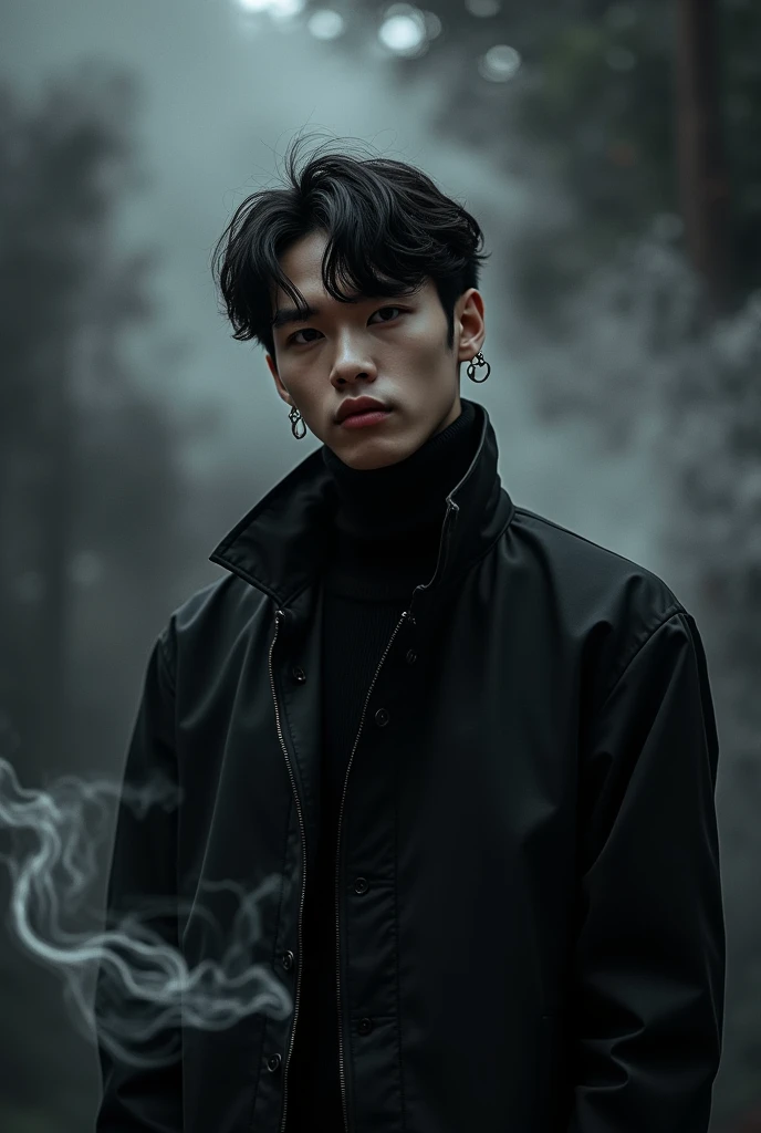 Make me a cover like the ones on the army-br community blogs, do amino. A capa deve ser dark, with black and gray colors, having member Kim Namjoon from kpop group bts. should also have some transparent decorations in white