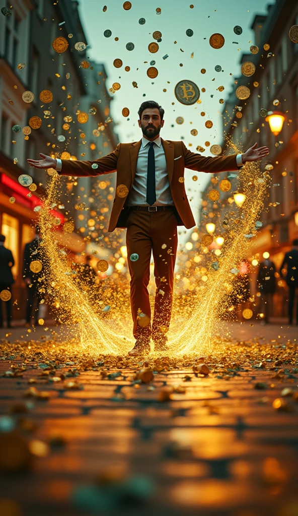 Stream of coins and notes flowing continuously around a person