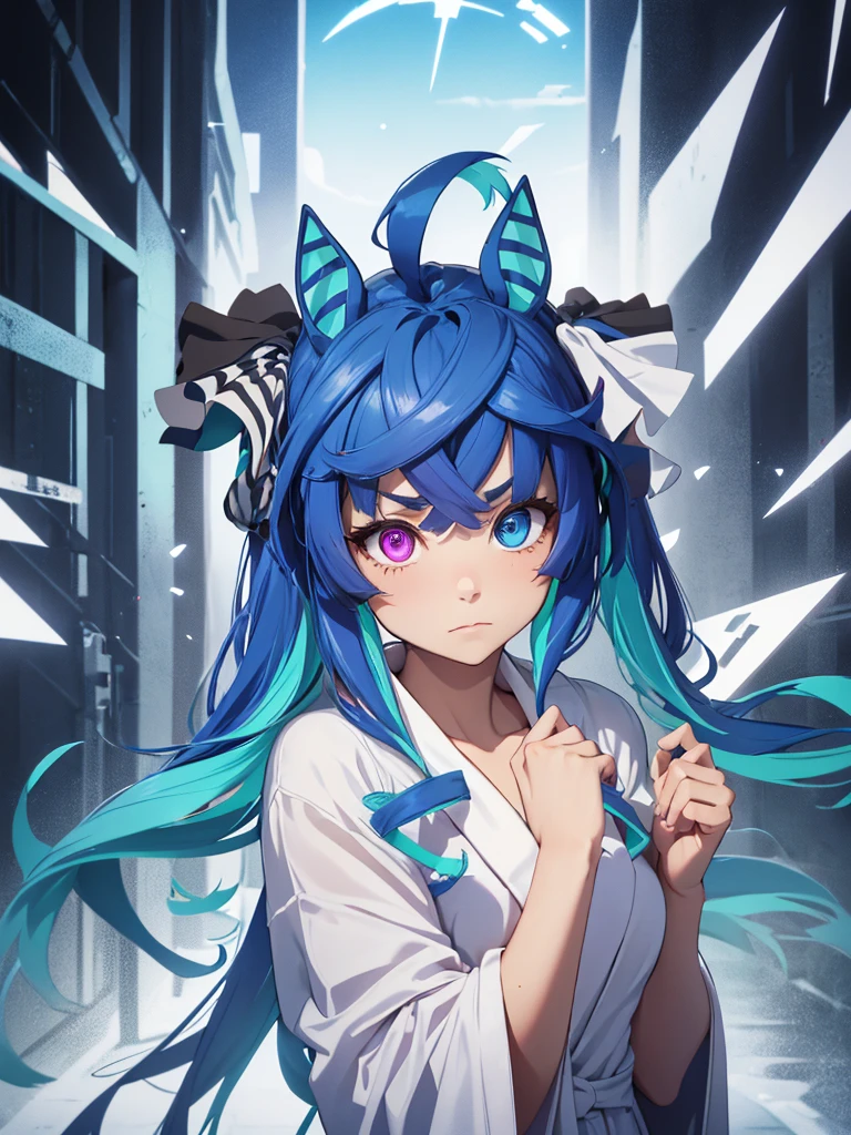 (​masterpiece、top-quality、hight resolution、Unity 8k、extremely details CG:1,Best Picture), Twin_Turbo_Umamusume, aqua hair, twintails, ((heterochromia, purple eyes, blue eyes, horse ears, horse girl)), sharp teeth, A woman tightly dressed in a fluffy white bathrobe. The robe is neatly tied and covers the body well, with no areas of bare or visible skin. The texture is soft and thick, giving the impression of comfort. (((White bathrobe with no pattern or design, bathrobe over naked))), A dignified woman, facing the protagonist head-on. Her expression reveals a steadfast resolve, and her eyes are filled with determination. She declares with confidence and emphasises her words with powerful gestures. The film is depicted from the protagonist's point of view and shows the strength of her attitude and her unwavering determination.