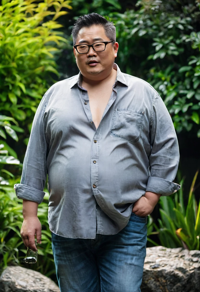 Man, Asian, 50 years old, Fat, Chubby, wearing glasses,( Put on a thin, light grey shirt, unbutton the shirt ), Unbuttoned, Shirtless, wearing jeans, Standing on rocks, in the garden, Wet, stained, perfect lighting, right side view.