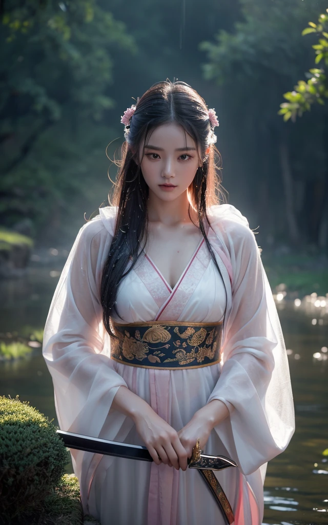 18 y.o beautiful girl and monster,transparent hanfu,masterpiece,best quality,eyes close-up,from_above,best fingers,facing viewer,magnificent,celestial,ethereal,painterly,epic,majestic,magical,fantasy art,cover art,dreamy,elegant,cinematic,background illuminated,rich deep colors,ambient dramatic atmosphere,creative,perfect,beautiful composition,intricate,detailed,
ink and wash,soft backlight,traditional chinese characters,magazine cover,pink long upper shan,heavy rain,exaggerated dynamic posture,wet clothes,glaring,angry,wet_hair,(wet body:1.3),(take the sword:1.4),battle posture,cleavage,