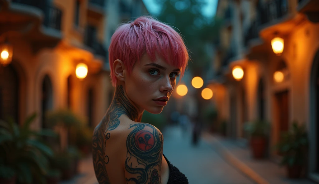 tatuados,Very beautiful big breasts、(Tears),(Back tattoo、Many tattoos on both arms and neck)、 (Barcelona at night, Gaudi architecture),Candlelight only,Very detailed, 21 years old, A beautiful woman,Depressed face, Pink Hair,short hair, blue eyes, High resolution, masterpiece, Highest quality, Intricate details, Very detailed, Clear focus, Delicate skin, practical skin texture, texture, Delicate eyes, Professional, 8k, Sad face,despair、 Shot with Canon, 85mm, Shallow and deep, Kodak Vision Color, Exactly, Very detailed, photograph_\(Extremist\), photographpractical, practical, Post-processing, Maximum details, Roughness, Real Life, Extremist practical, Photorealism, photographgraphy, 8k ウルトラ HD, photographgraphy