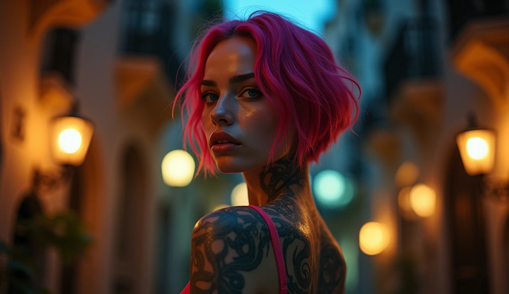tatuados,Very beautiful big breasts、(Tears),(Back tattoo、Many tattoos on both arms and neck)、 (Barcelona at night, Gaudi architecture),Candlelight only,Very detailed, 21 years old, A beautiful woman,Depressed face, Pink Hair,short hair, blue eyes, High resolution, masterpiece, Highest quality, Intricate details, Very detailed, Clear focus, Delicate skin, practical skin texture, texture, Delicate eyes, Professional, 8k, Sad face,despair、 Shot with Canon, 85mm, Shallow and deep, Kodak Vision Color, Exactly, Very detailed, photograph_\(Extremist\), photographpractical, practical, Post-processing, Maximum details, Roughness, Real Life, Extremist practical, Photorealism, photographgraphy, 8k ウルトラ HD, photographgraphy