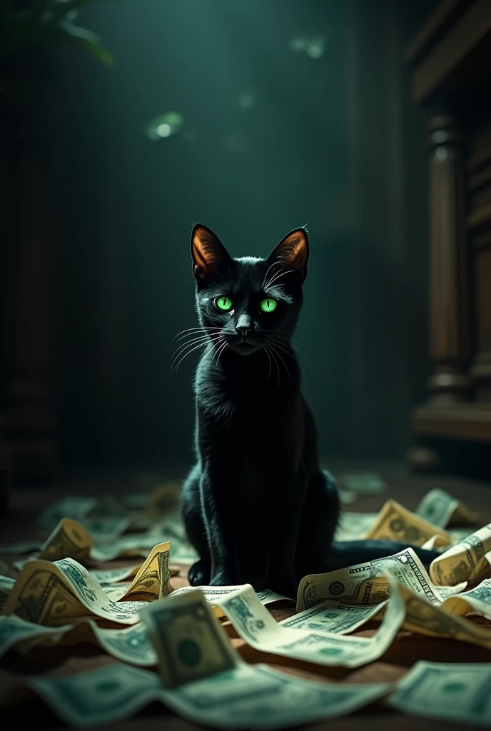 Cat in a dark scene lit with lots of paper money