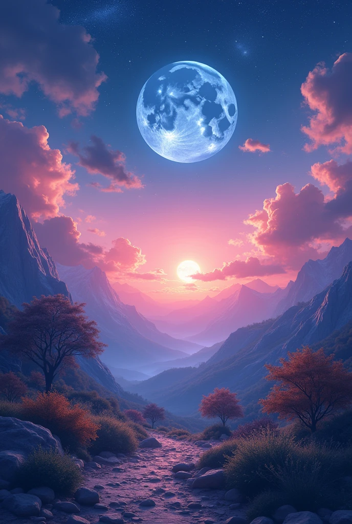 Highest quality、masterpiece、Film Grain、Ultra-high resolution、pink Starry Sky:1.5、blue full moon:0.1、