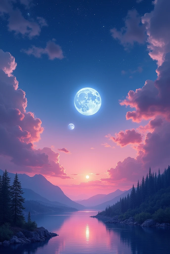 Highest quality、masterpiece、Film Grain、Ultra-high resolution、pink Starry Sky:1.5、blue full moon:0.1、