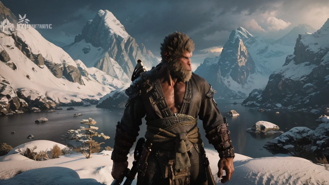 Create a dramatic and realistic looking thumbnail for your game launch "Black Mith wukong". The highlight is the imposing figure of the protagonist, wukong, a Monster of Destiny, with the appearance of an anthropomorphic monkey, armed with a sword and a hammer. His body is covered in mysterious runes and his eyes glow with energy.. The background shows an epic and detailed scenery, with majestic mountains and a floating city. Cinematic lighting emphasizes the heroic and adventurous atmosphere, conveying the sense of adventure and action the game has to offer. The game title is written in Chinese characters, cinematic, photo