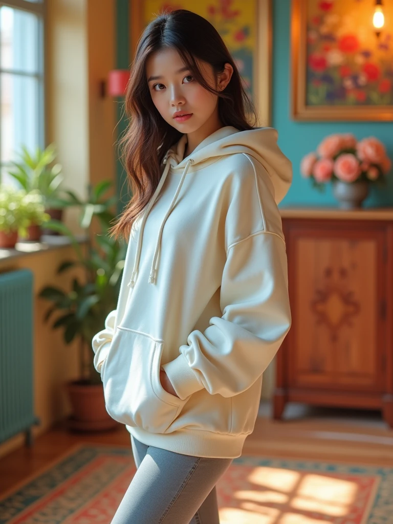 (Realistic, Photorealistic: 1.37), ((highest quality)), ((intricate details)), ((realistic)), absurd resolution,  K-Pop idol, 18 years old, young , sexy woman, point view, highly detailed photo, one girl, medium breast, wearing Oversized hoodie with leggings, paired with white sneakers ,  standing and looking at the viewer,  perfect hands and fingers, beautifully detailed eyes, medium long hair, brown eyes, Detailed indoor background, perfect eyes, enchanting eyes, looking. Viewed from the front,1girl