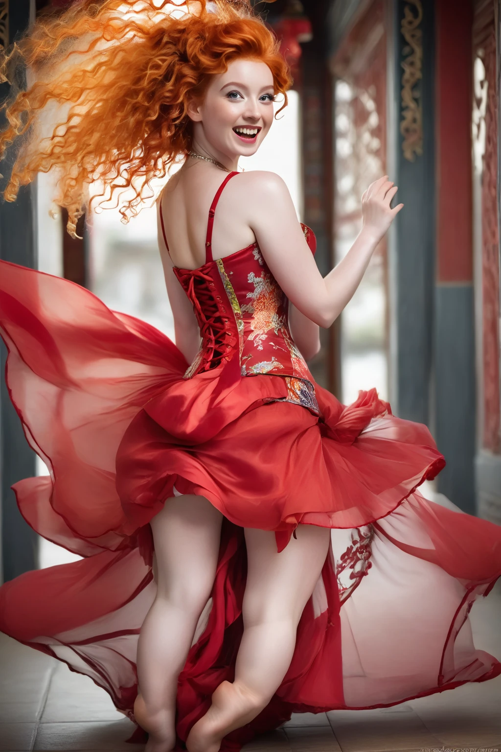 A European girl with vibrant ginger hair and grey eyes, playfully sticking out her long tongue. She wears a stunning red dress adorned with intricate Chinese patterns, featuring a red corset and crinoline. Her long, curly hair cascades volumetrically, while she squats gracefully, holding her skirt. The scene is ultra-realistic, highlighting her long legs and wide hips, complemented by red toe socks.