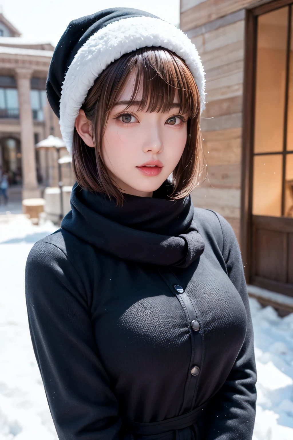 (masterpiece, Highest quality),One Girl, solo, Black-haired, scarf, hat, Realistic, Realistic, Looking at the audience, Light-coloured black eyes, Short brunette bob hair, Brown coat, Winter clothes, White headscarf, Lips, Bans, Plein Air, Mouth closed, Upper body、Big eyes、Eyelashes、((Beautiful landscape with sparkling snow))、(((Short bob hair with bangs、Shiny Hair、Big eyes、large full chest、Intensely accentuates the eyes、Staring at the audience、Beautiful beauty、Listen carefully、Long neck、Smile a little、Please close your mouth and laugh、Ideal body proportions)))、{huge|big|hugeな|Mega} chest, chestの谷間