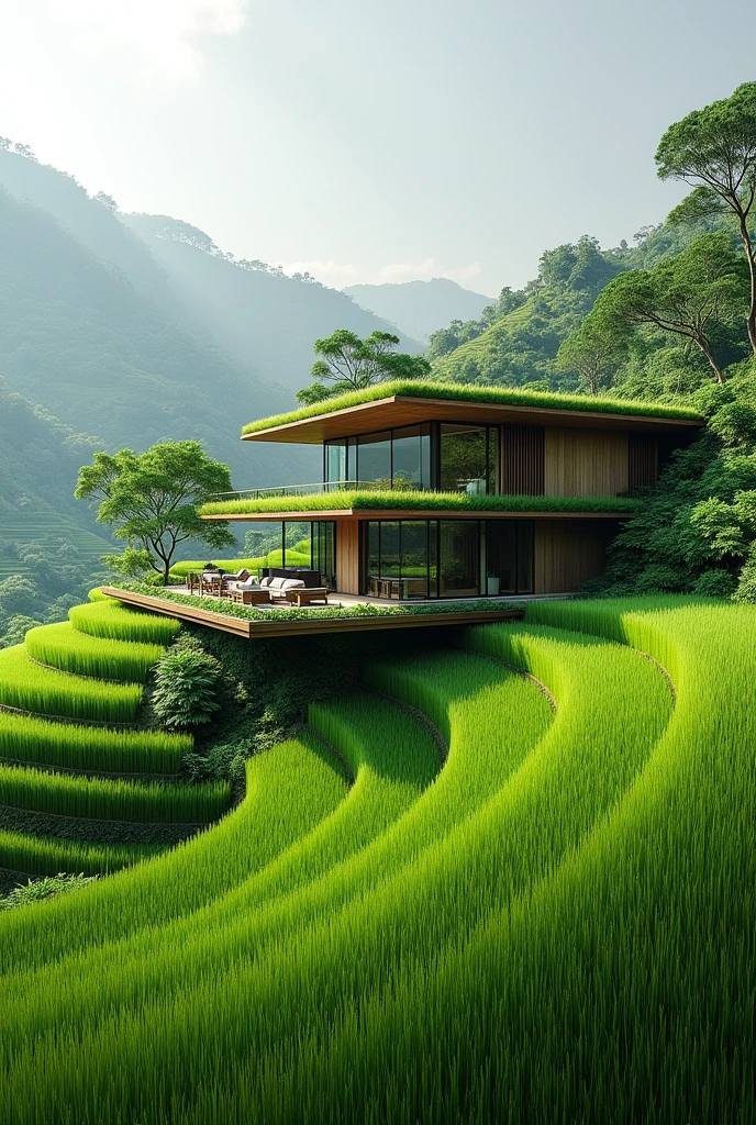 Rice terraces, green architecture, building, concept, house, perspective 