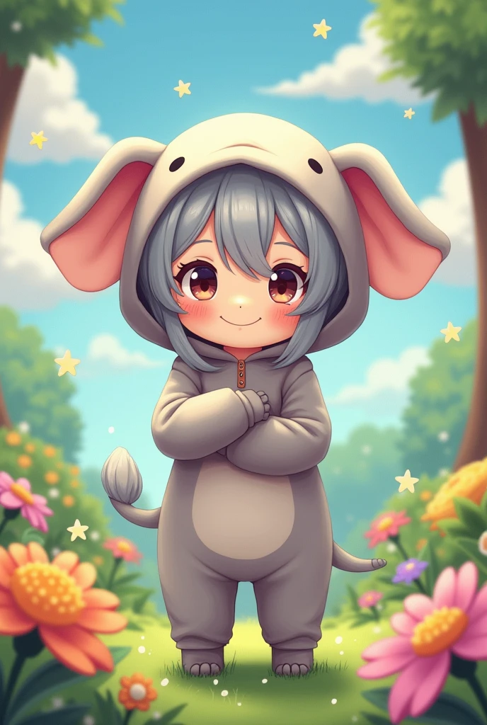 with cute face with elephant hood with elephant clothes with gray hair