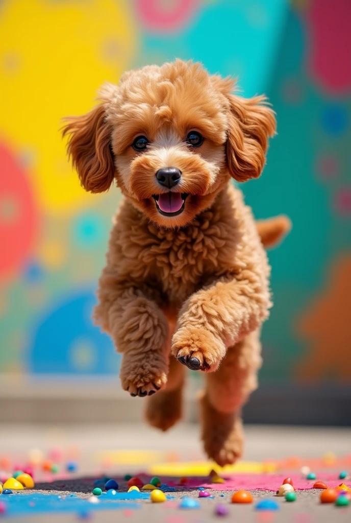 A brown toy poodle frolicking in front of a wall splattered with colorful paint
