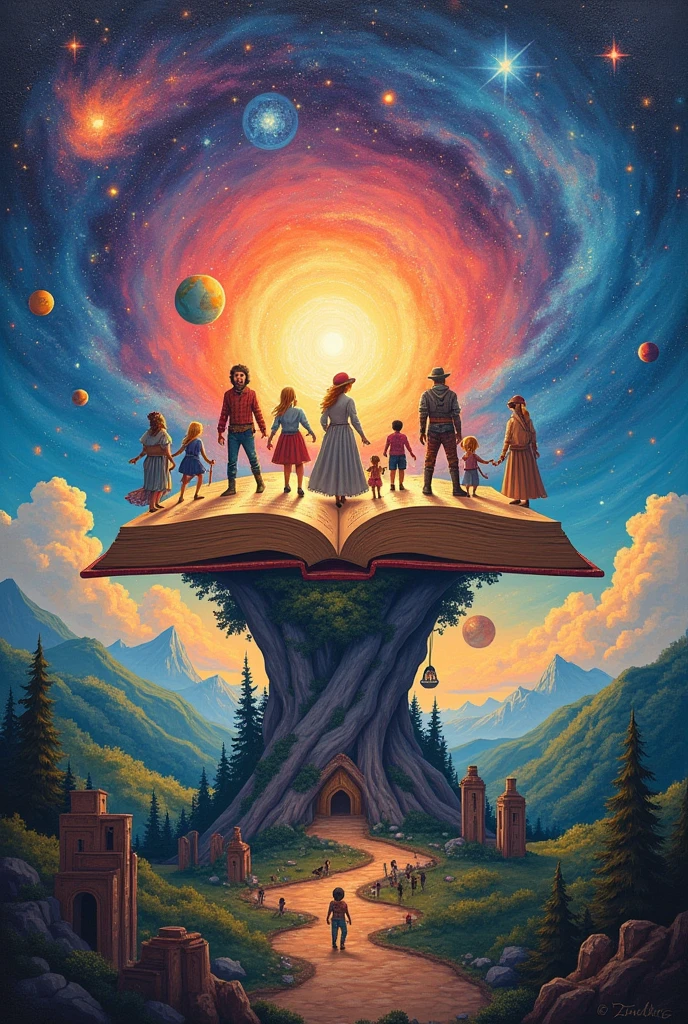 A painting on a wall of an open book with people coming out of it as if the book were creating a new universe.