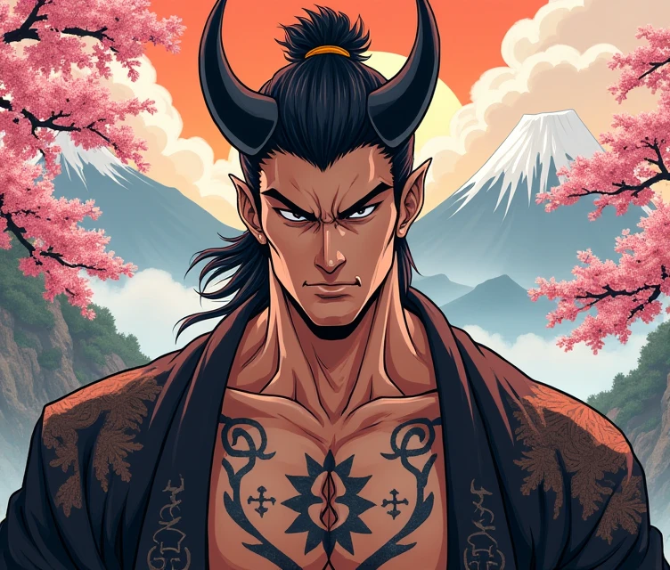 anime, anime風, Character portrait, Japanese style,Adult male,Horn,Fang Muscle