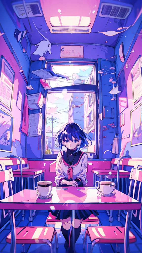 anime girl sitting at a table with a cup of coffee, anime vibes, lofi girl, anime aesthetic, anime style illustration, anime art style, lofi portrait, anime style 4 k, lofi girl aesthetic, digital anime illustration, beautiful anime art style, beautiful anime portrait, retro anime girl, anime style portrait, ilya kuvshinov style, anime style art