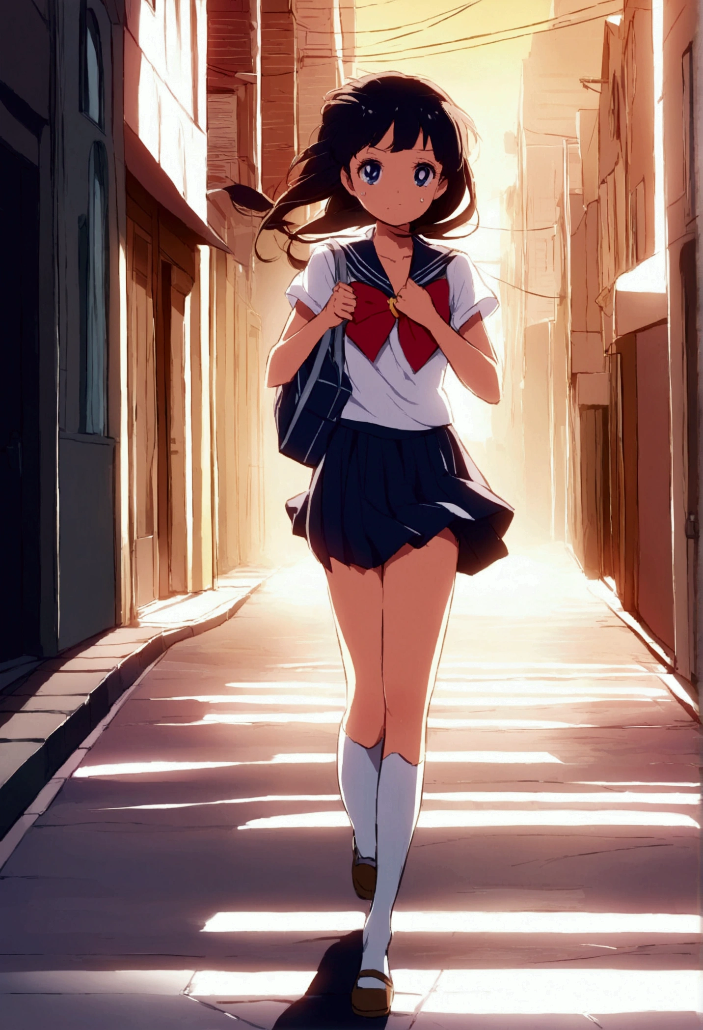 "A dynamic scene featuring a high-quality anime-style image of Usagi Tsukino from 'Sailor Moon' running in her summer school uniform. She is wearing her usual short-sleeved sailor uniform, with her school bag slung over her back. The image captures the moment she is about to trip, with one foot slightly off the ground and her arms flailing as she tries to regain her balance. The scene is filled with energy, showing her in a side view as she runs, with a slightly panicked expression on her face. The background is a bustling city street in the early morning, with motion blur effects to emphasize her speed and the urgency of the moment. The colors are vibrant, and the lighting captures the early morning sunlight, adding a soft glow to the scene."