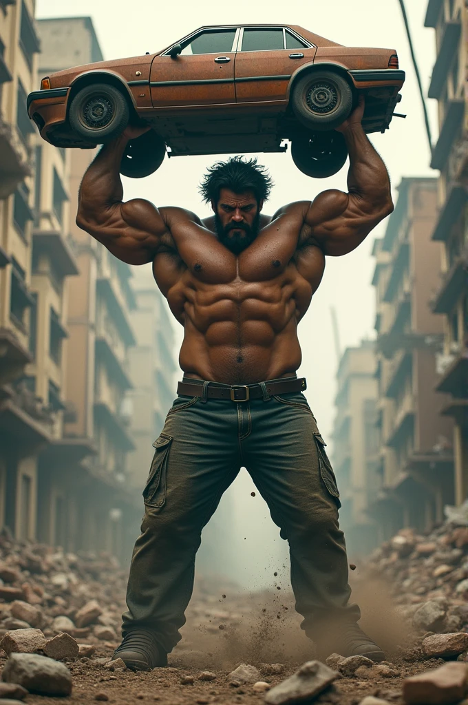 The scene of a man with a very tall body, big and sturdy, all the muscles on his body bulging, showed that he was a strong person. His whole body is brown in color. black hair, his face looked angry. lifting the car with both hands in the middle of the city. the atmosphere seemed chaotic. Wall chips and dust are clearly visible. the car looks messy. 4D realistic images.
